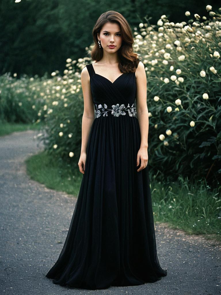 Elegant Black Evening Gown with Floral Embroidery Worn by Woman in Garden
