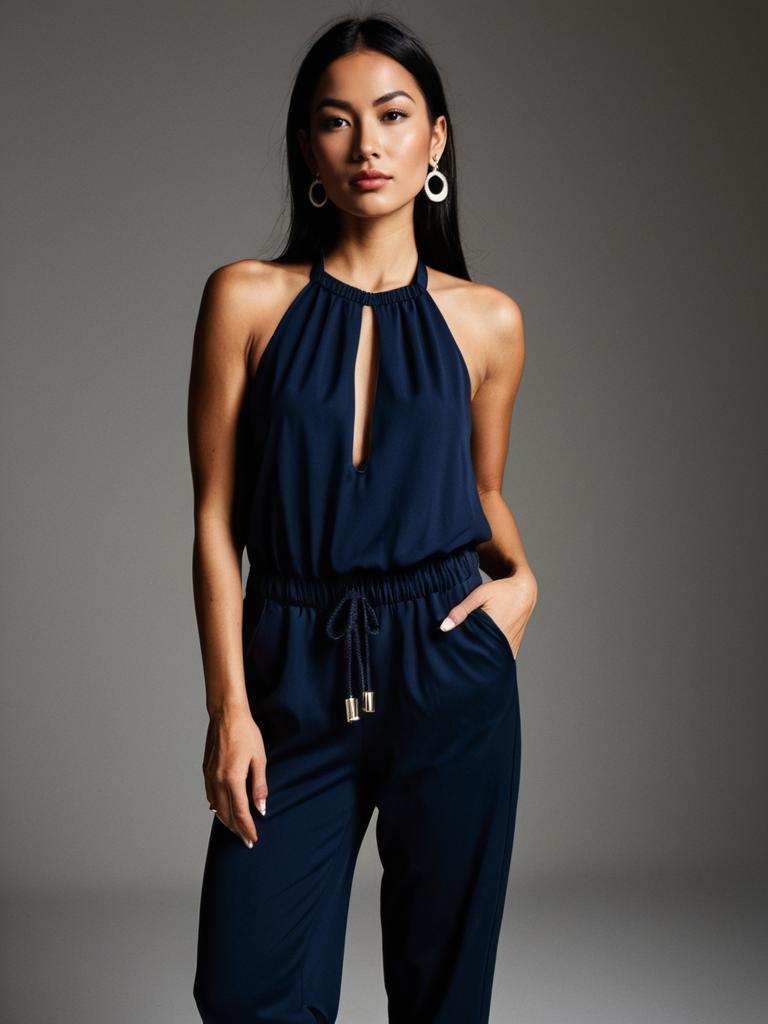 Minimalist Chic Sleeveless Halter Neck Navy Jumpsuit for Women