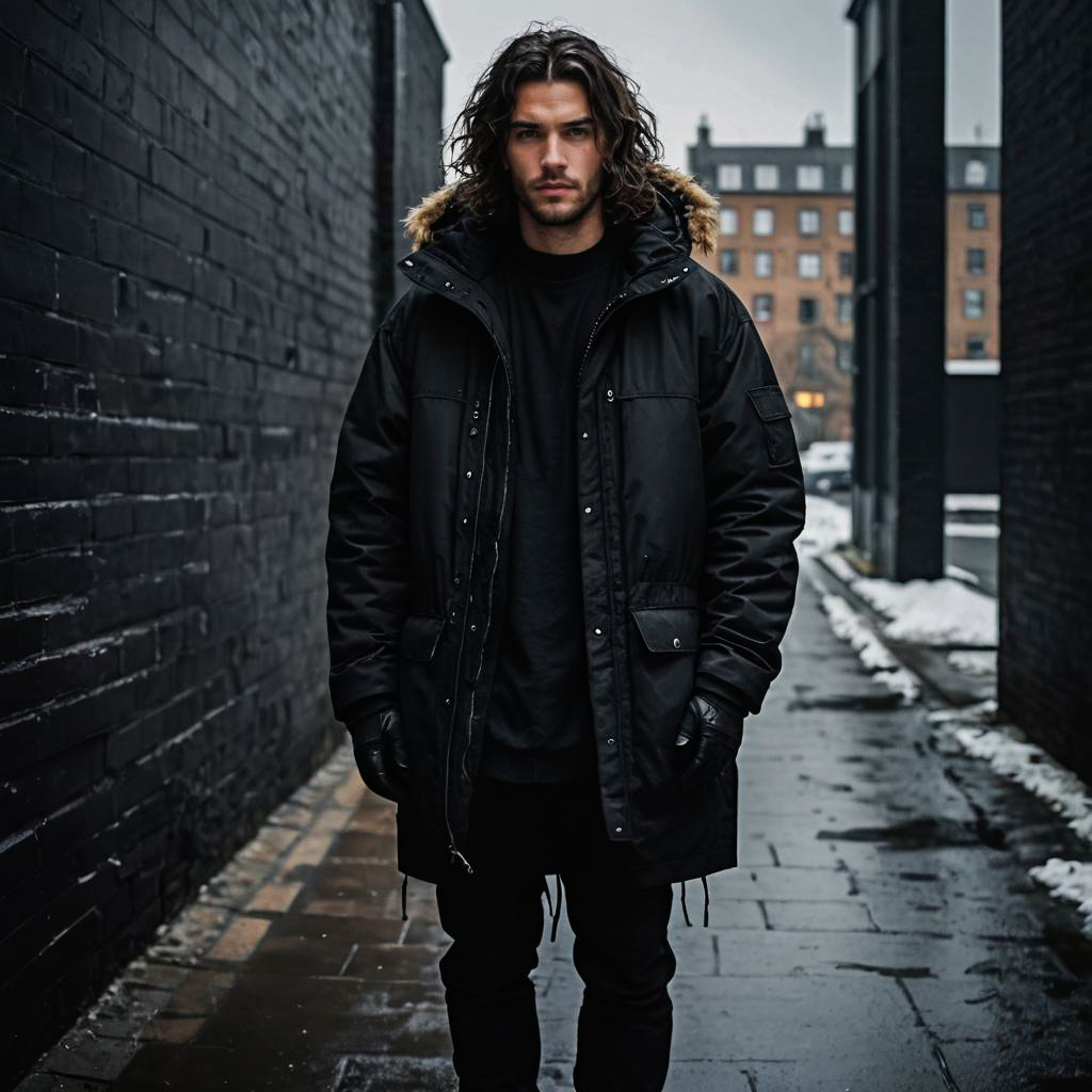 Stylish man in black parka in dark alley