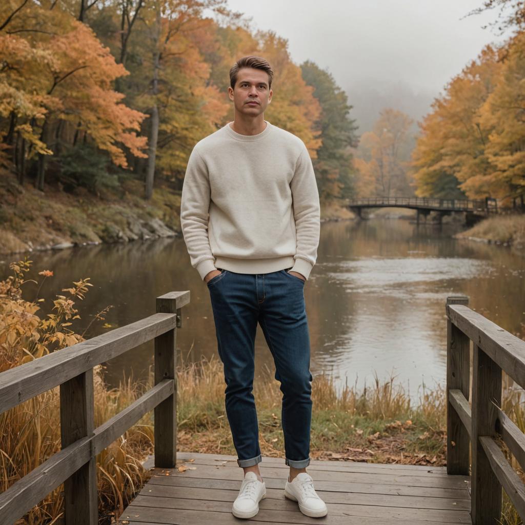 Man on Wooden Bridge in Autumn Landscape