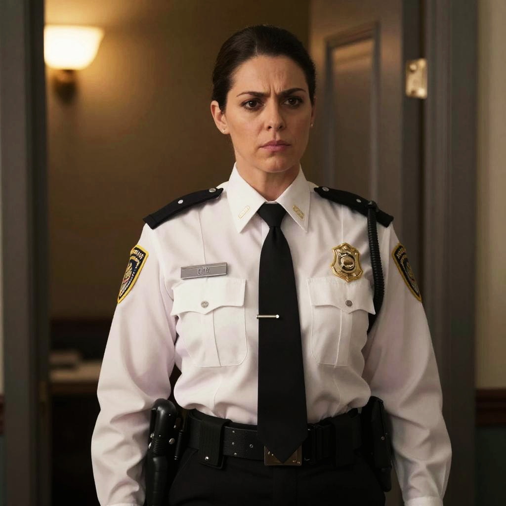 Serious Woman Police Officer in Uniform Standing Indoors
