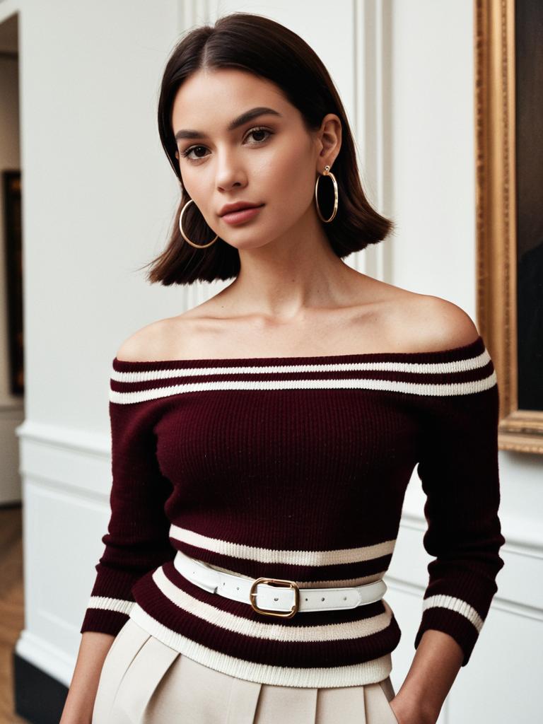 Young Woman Wearing Burgundy Off-Shoulder Sweater Fashion Portrait
