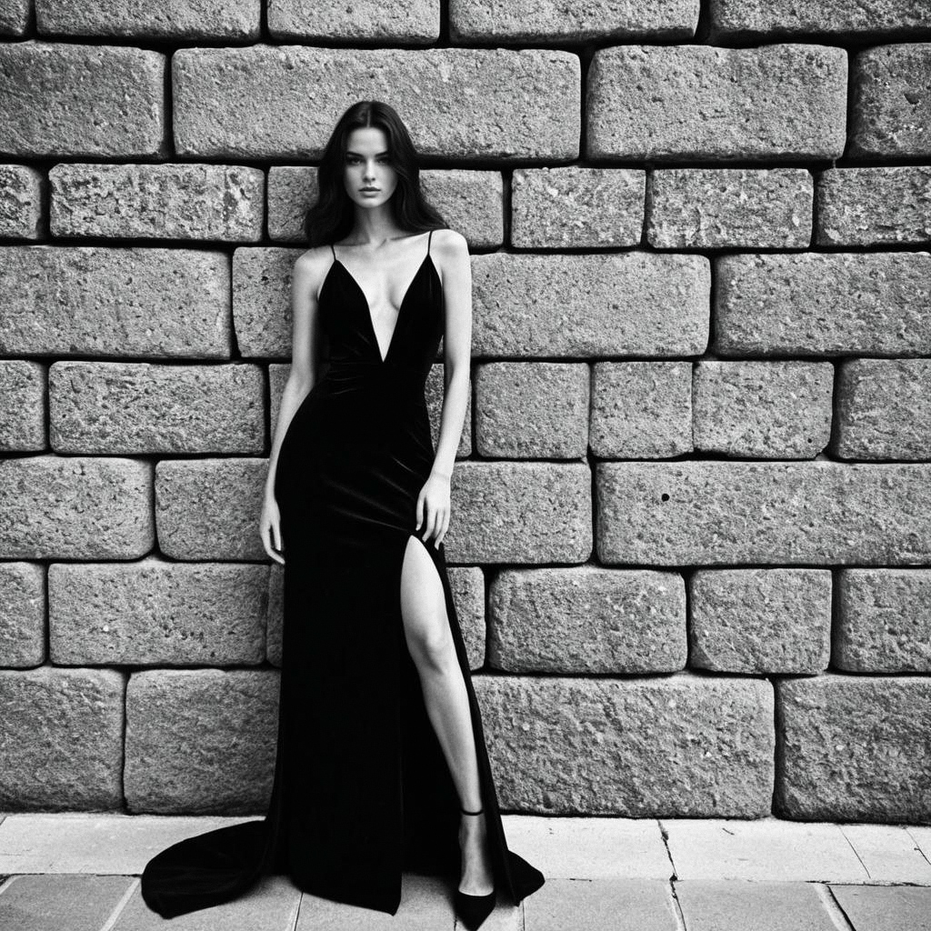 Elegant Woman in Black Gown Against Stone Wall