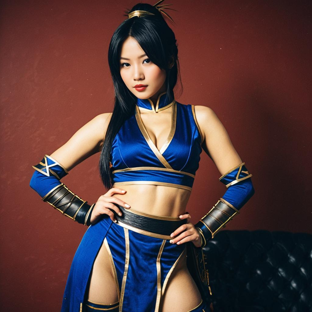 Confident Woman in Blue and Gold Warrior Cosplay Costume