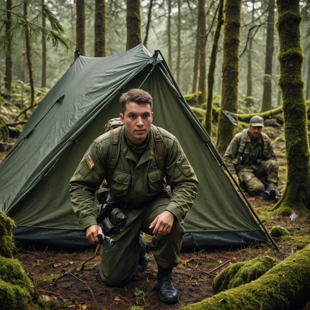 Military Man Crouching in Woods