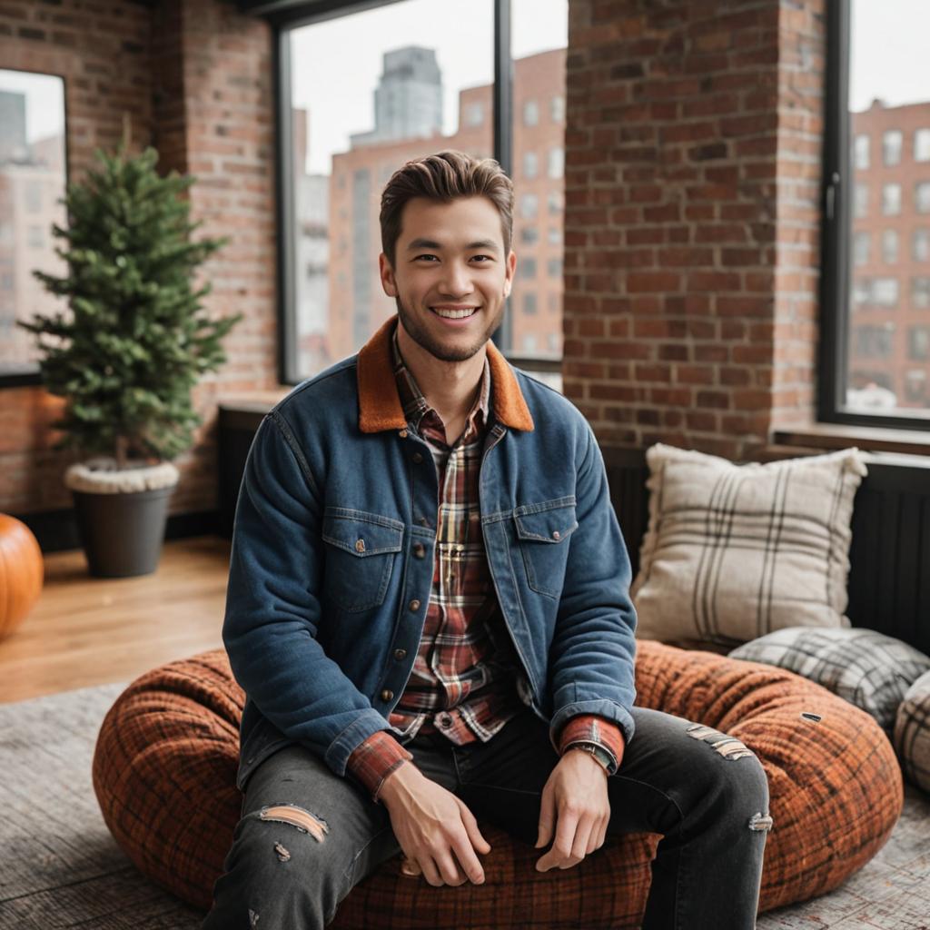 Smiling man in denim jacket in artistic loft