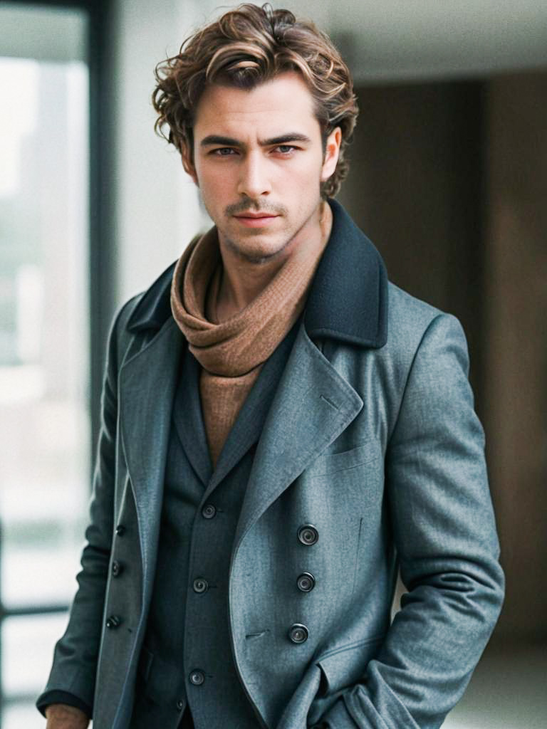 Stylish Young Man in Grey Coat with Brown Scarf