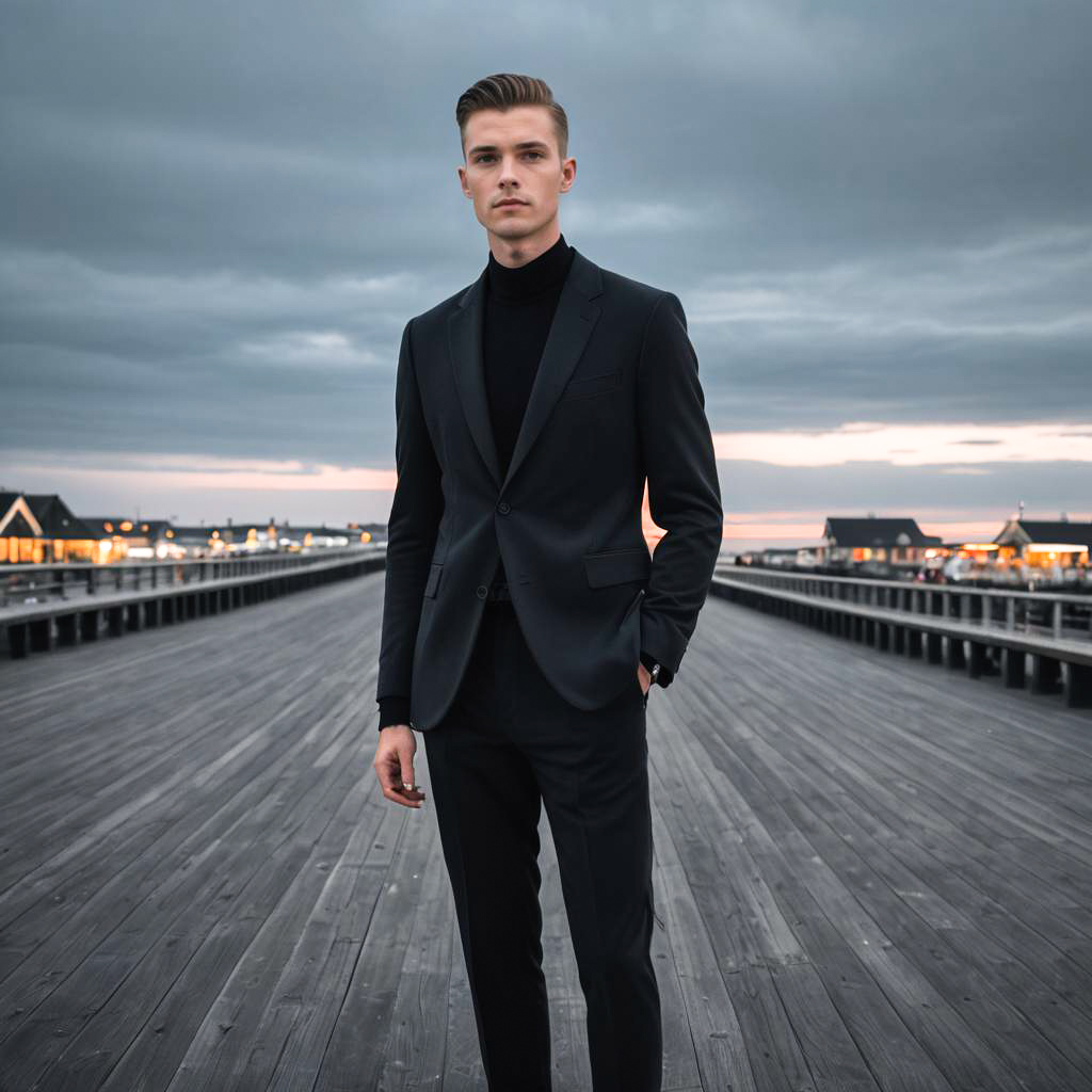 Stylish Young Man in Black Suit on Pier