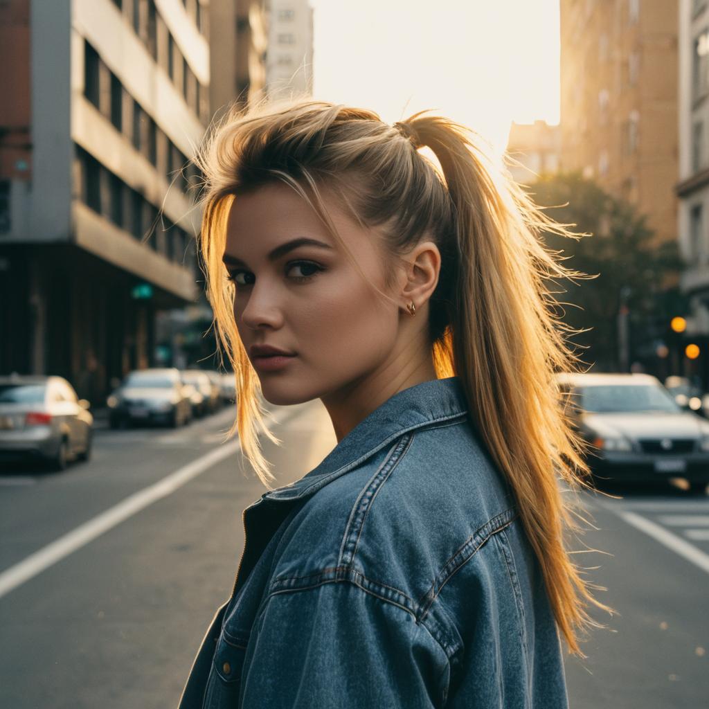 Portrait of Young Woman in Denim Jacket on Urban Street at Golden Hour