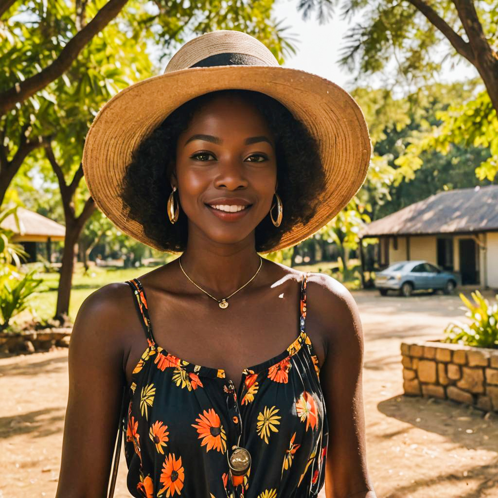 Cheerful woman in straw hat and floral dress outdoors