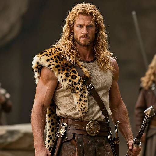 Ancient Warrior Man with Leopard Skin and Sword