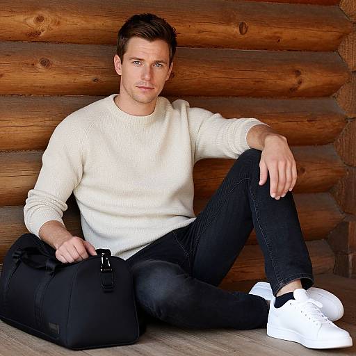 Young Man Sitting with Duffel Bag Against Log Cabin Wall