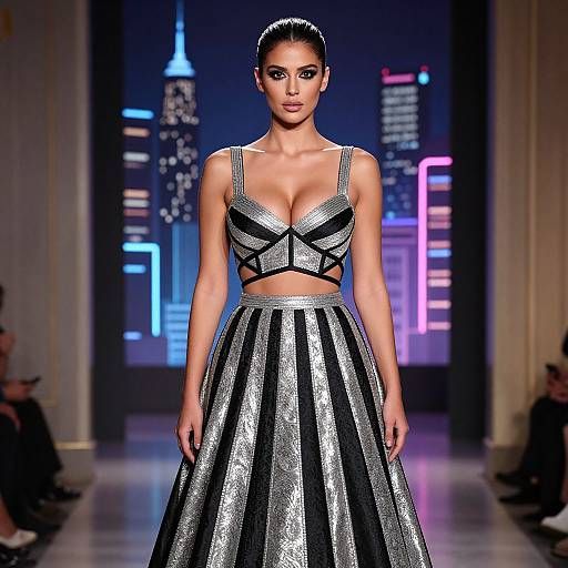 Woman in Black and Silver Metallic Evening Gown on Fashion Runway