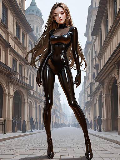 Realistic Woman in Black Fitted Latex Bodysuit Full Body Shot on European Street
