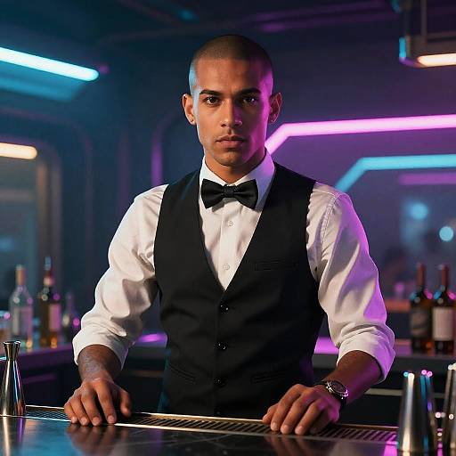 Young Man Bartender in Neon-Lit Modern Bar Setting