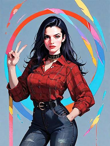 Realistic Comic Style Woman in Red Plaid Shirt and Jeans Full Body Illustration