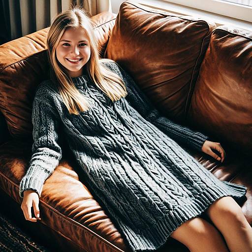 Young Woman Relaxing on Leather Couch in Gray Sweater Dress