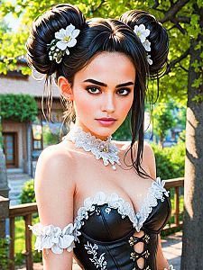 Elegant Woman in Black Corset Dress Outdoors