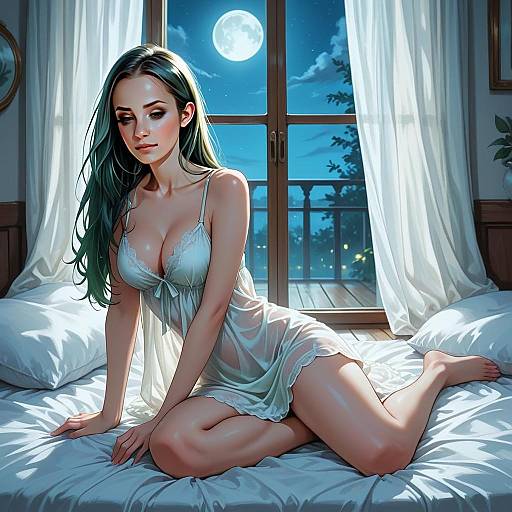Digital Art of Woman in White Nightgown on Bed Under Moonlight