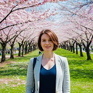 Woman Smiling Under Cherry Blossoms