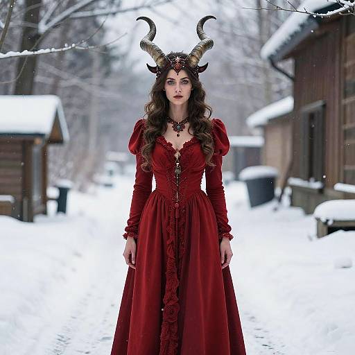 Woman Dressed as Krampus in Red Dress with Horned Headpiece Standing in Snowy Village