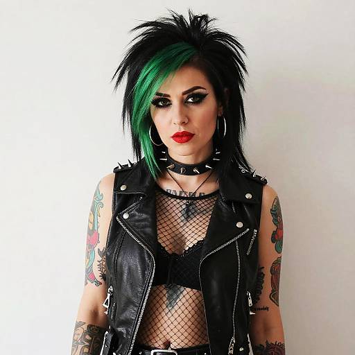 Punk Woman with Green and Black Hair Wearing Leather Vest and Fishnet Top