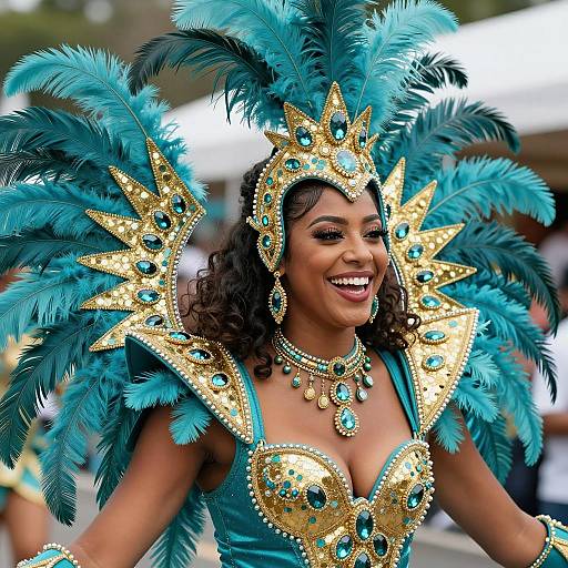 Smiling Woman in Turquoise Feathered Carnival Costume with Gold Jewels
