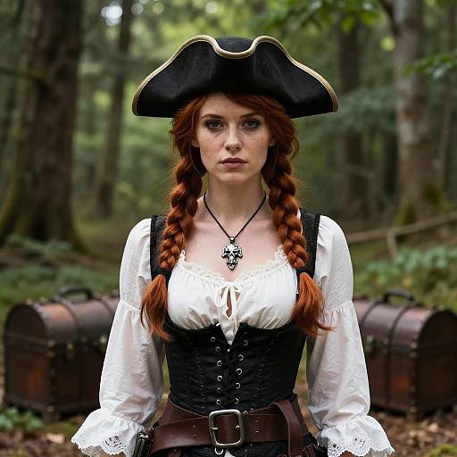 Young Woman in Pirate Costume with Treasure Chests in Forest