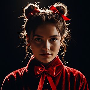 Young Woman in Red Velvet with Hair Buns