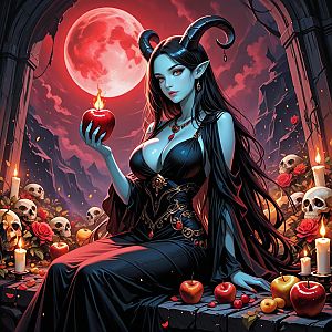 Mystical Woman with Blue Skin Under Red Moon