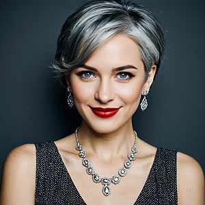 Confident Woman with Silver Hair and Blue Eyes