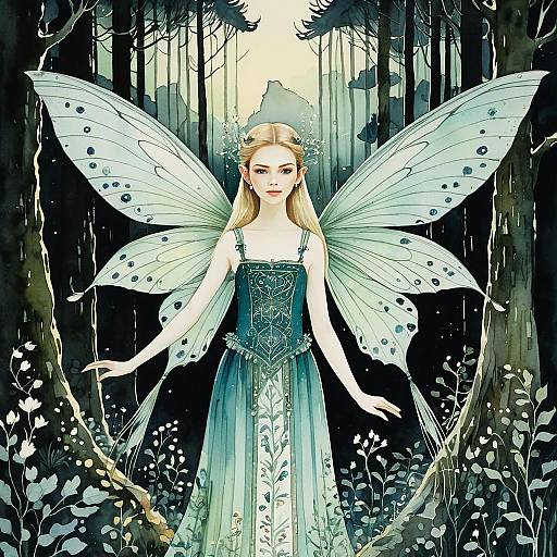 Elegant Fairy Woman with Butterfly Wings in Enchanted Forest Artwork