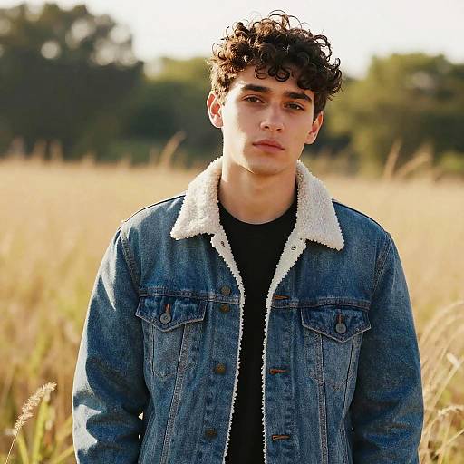 Young Man Wearing Denim Jacket Outdoors in Golden Hour Field