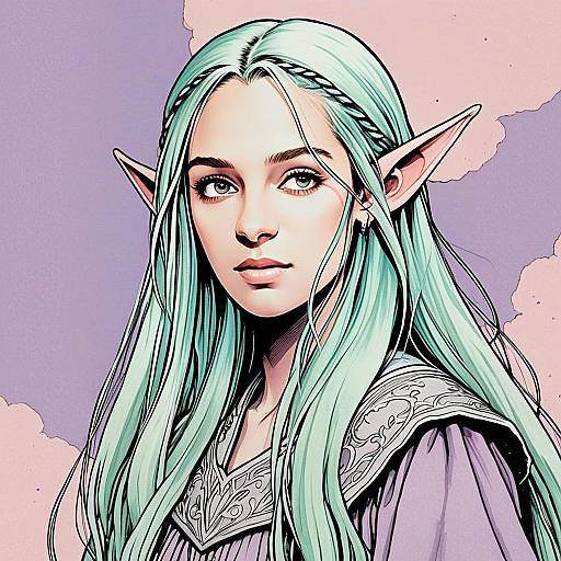 Fantasy Female Elf Portrait with Mint Green Hair Digital Illustration