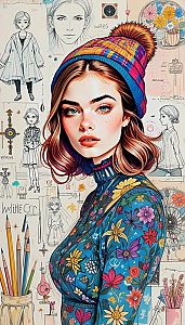 Vibrant Portrait of a Young Woman in Knit Hat and Floral Dress