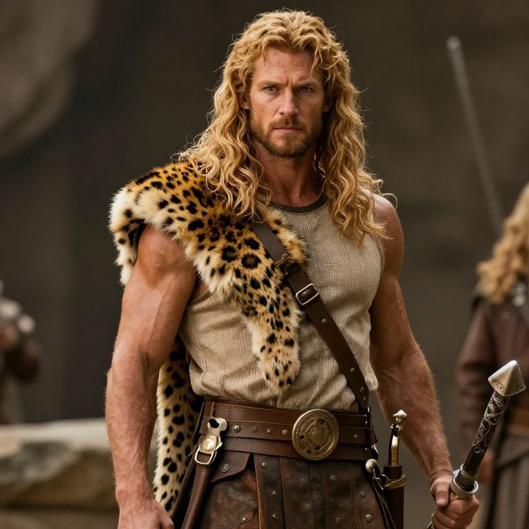 Ancient Warrior Man with Leopard Skin and Sword