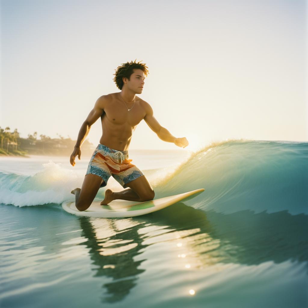 Young Man Surfing at Sunset