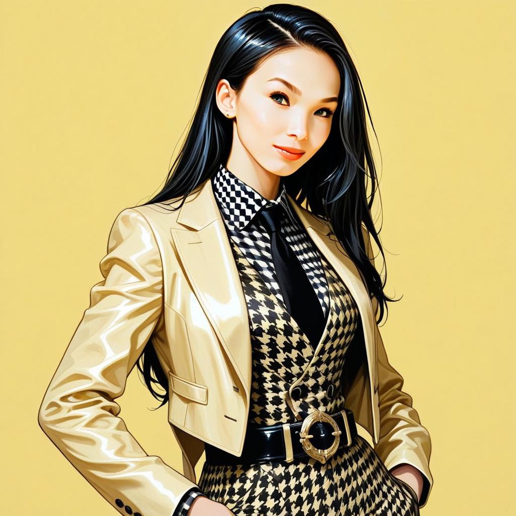 Confident Woman in Glossy Beige Jacket Against Yellow Background Confident Woman in Glossy Beige Jacket Against Yellow Background