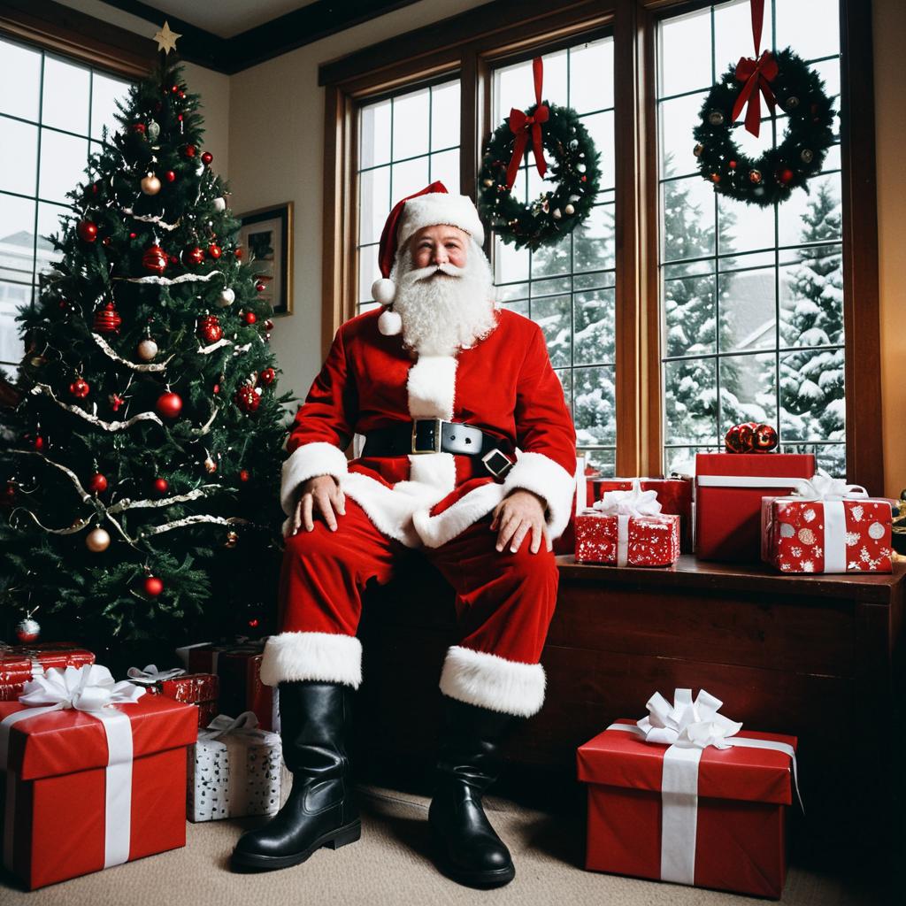 Santa Claus Sitting with Christmas Gifts and Tree in Cozy Winter Room