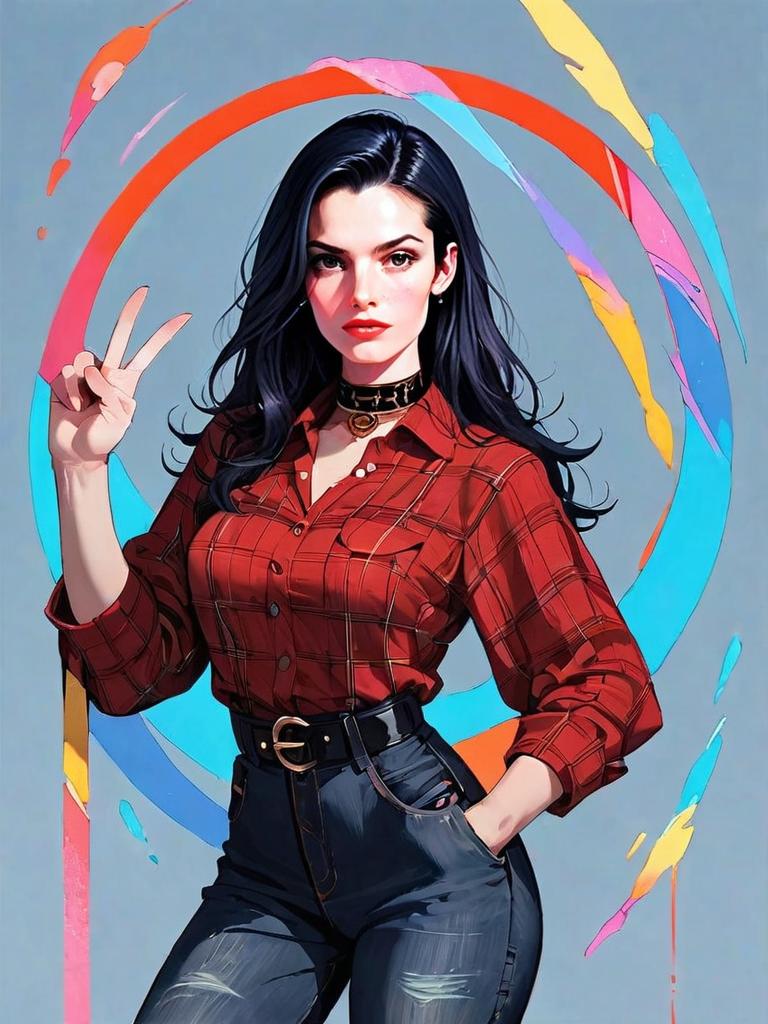 Realistic Comic Style Woman in Red Plaid Shirt and Jeans Full Body Illustration
