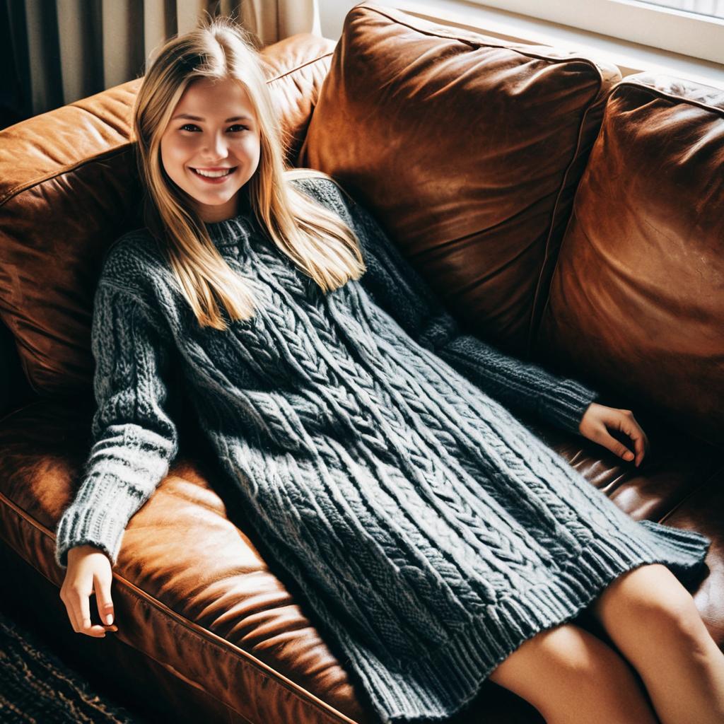 Young Woman Relaxing on Leather Couch in Gray Sweater Dress
