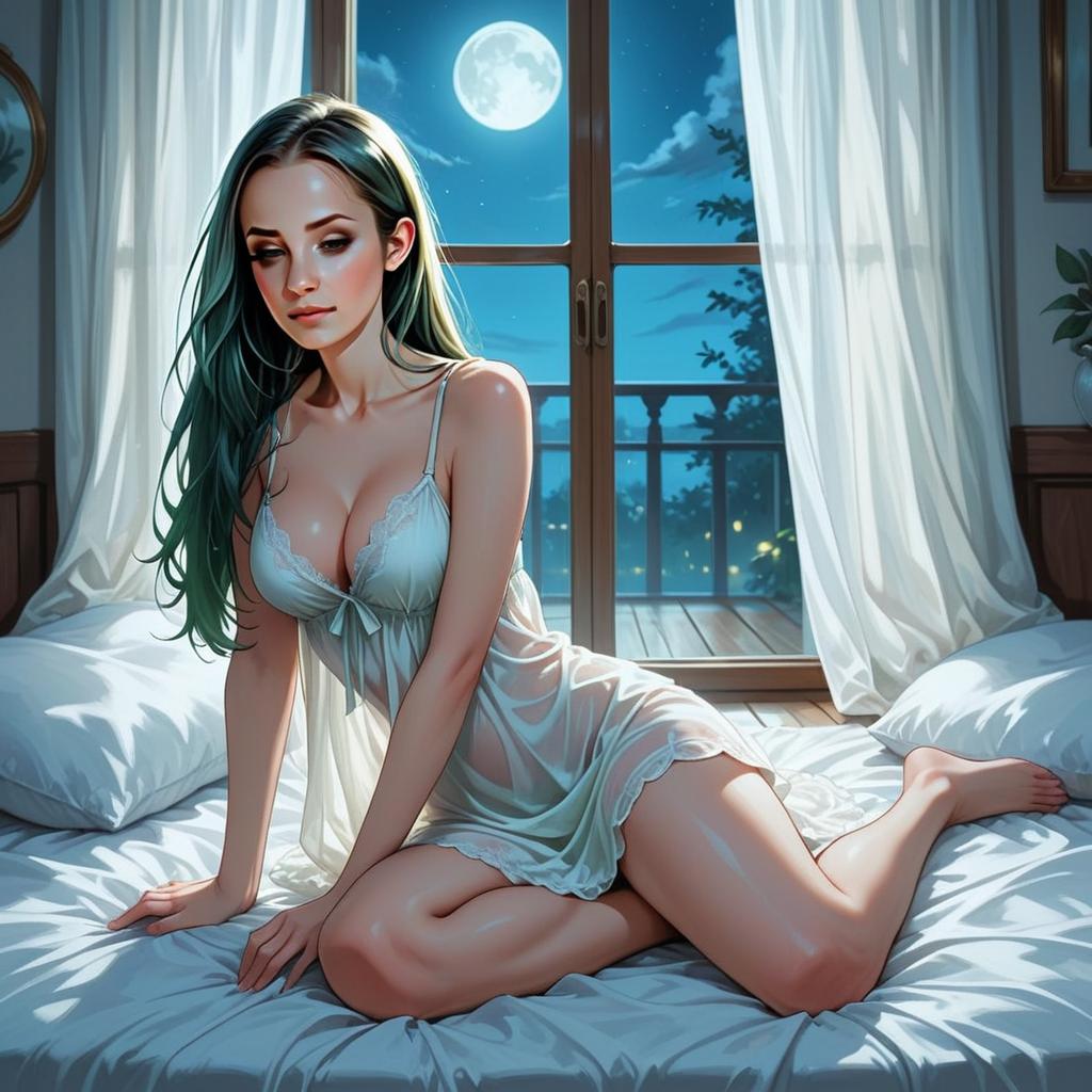 Digital Art of Woman in White Nightgown on Bed Under Moonlight