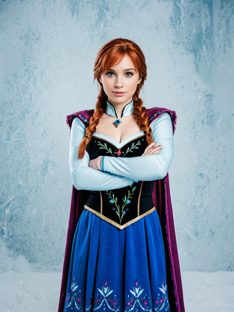 Confident Woman in Medieval Costume with Icy Background