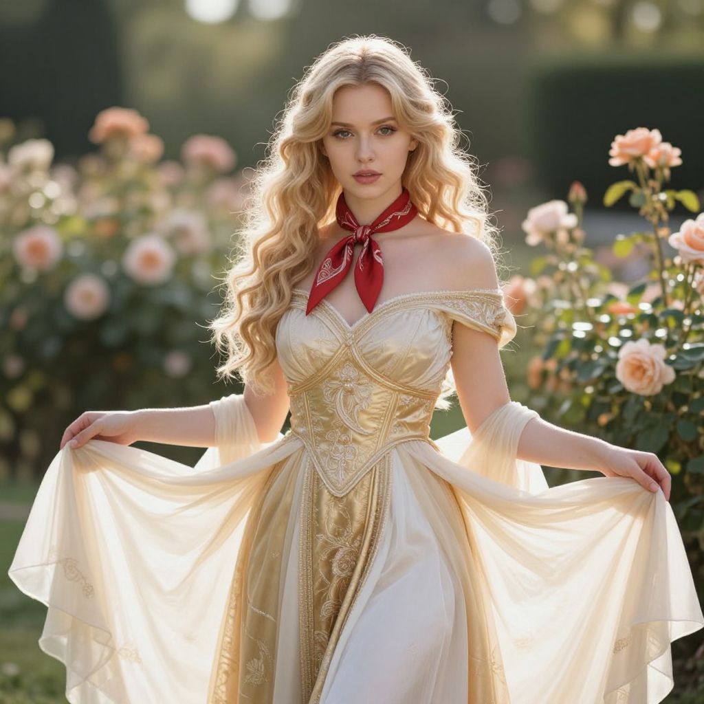 Elegant Woman in Golden Dress with Red Bandana in Rose Garden