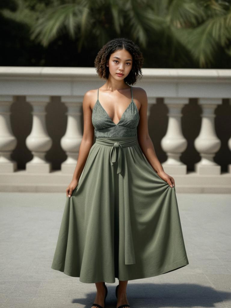 Confident Woman in Olive Green Dress