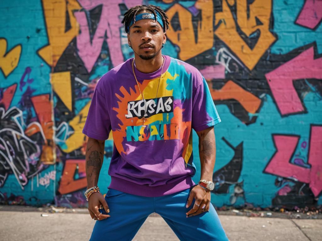 Trendy Young Man in Colorful T-Shirt Against Graffiti