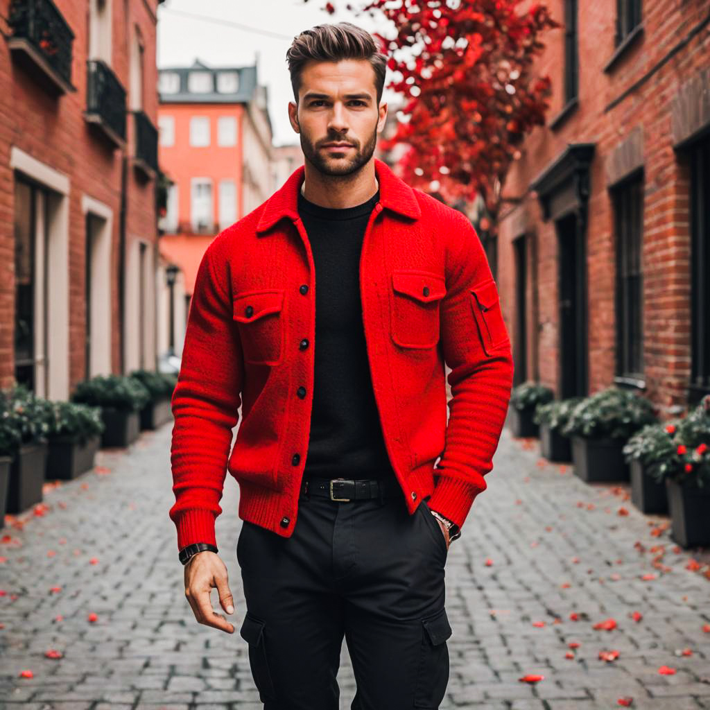 Stylish man in red cardigan on picturesque street