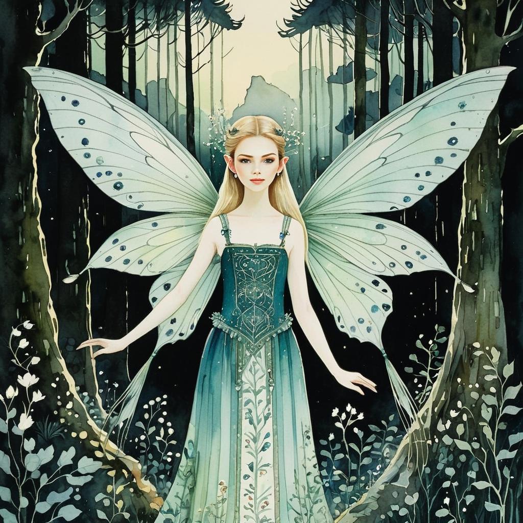 Elegant Fairy Woman with Butterfly Wings in Enchanted Forest Artwork