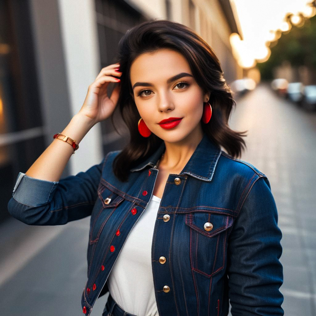 Stylish Woman in Denim Jacket at Sunset