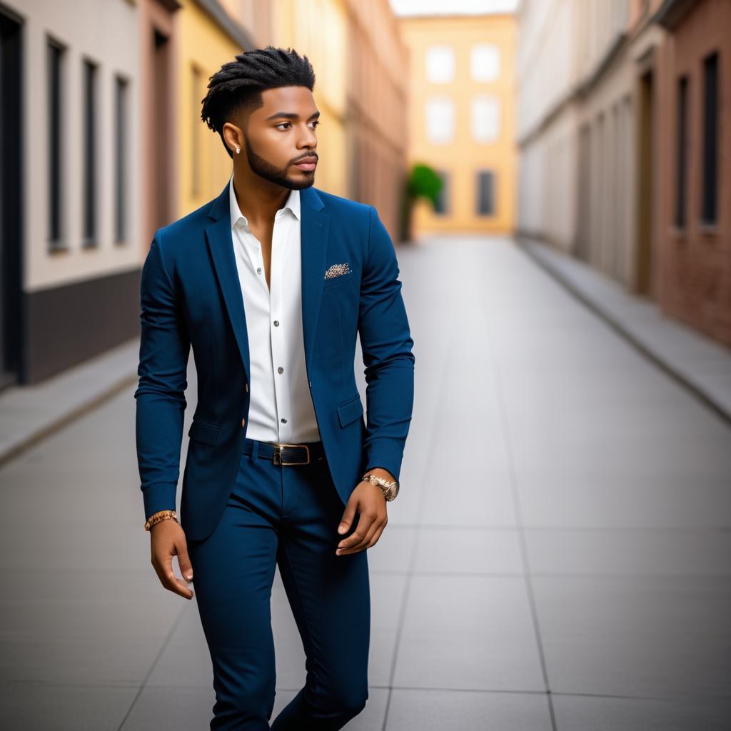 Stylish Man in Navy Suit in Urban Alley